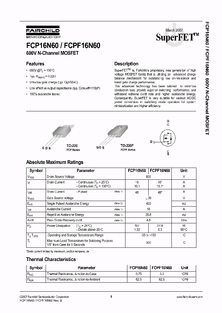 FCPF16N60_1105910.PDF Datasheet